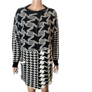 Belle Betty Open Front Long Cardigan Sweater Womens Med Houndstooth Black White